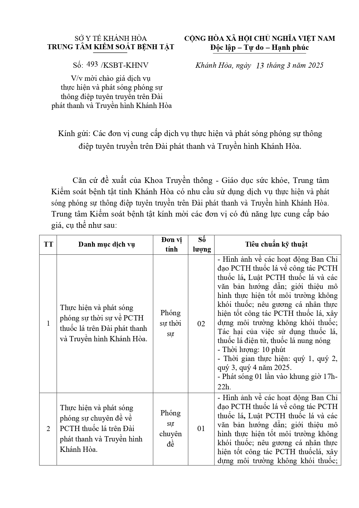 V/v mời chào giá dịch vụ   thực hiện và phát sóng phóng sự   thông điệp tuyên truyền trên Đài   phát thanh và Truyền hình Khánh Hòa 